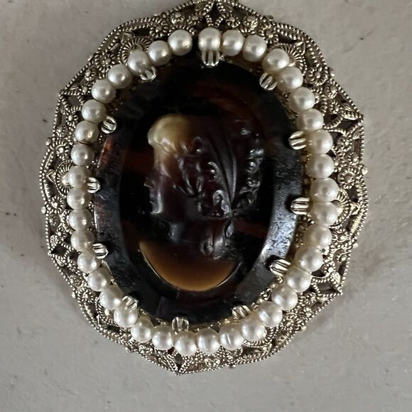 Vintage West Germany Cameo Necklace Revival Amber Filigree Root Beer Glass - Picture 1 of 13